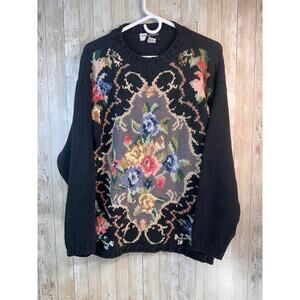 New Concepts Sweater Womens Small Black Floral Chunky Granny Cottage Grandmacore